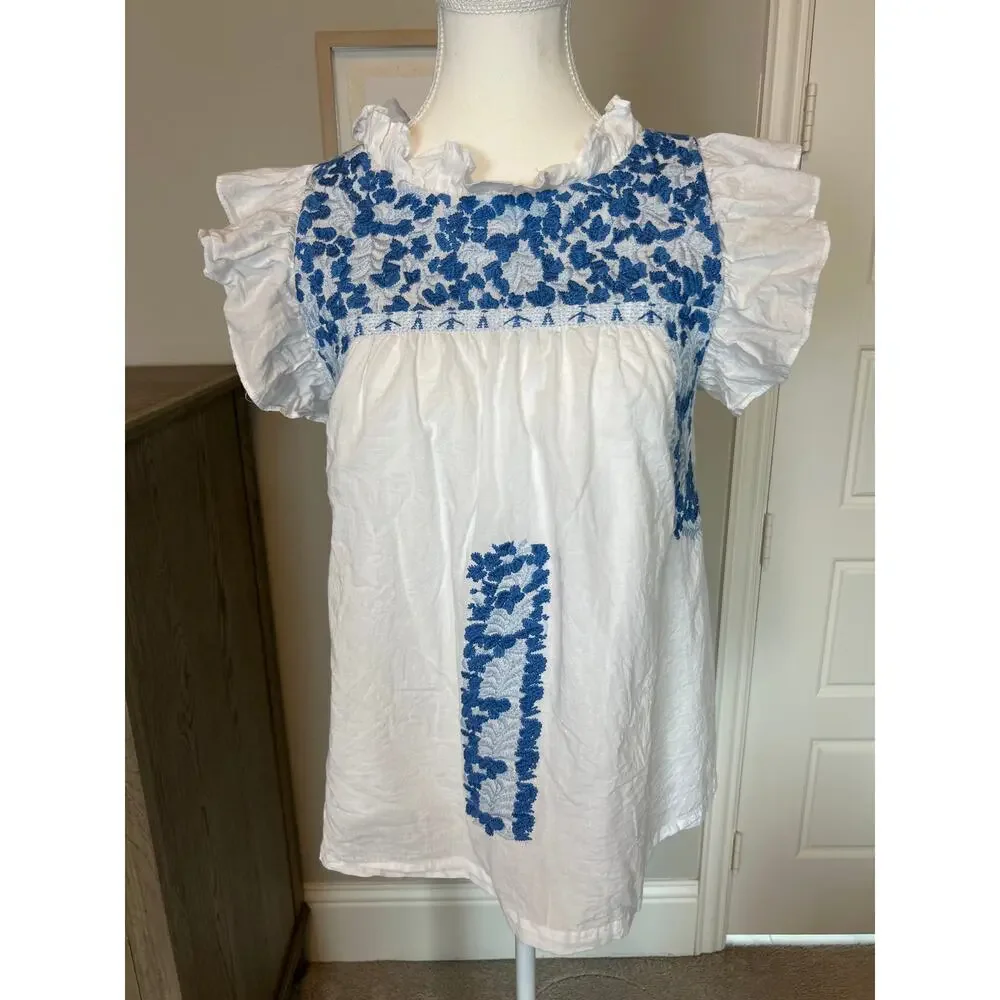 j. marie | White/Blue Embroidered Floral Ruffle Sleeve Peasant Top | SM - Picture 3 of 10